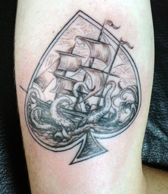Mens Forearms Ship On Raging Sea Inside Spade Tattoo