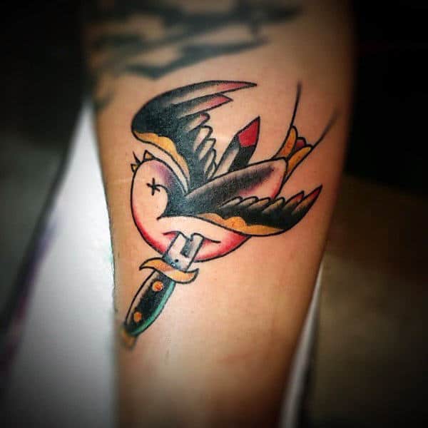 Mens Forearms Sparrow With Piercing Blade Tattoo