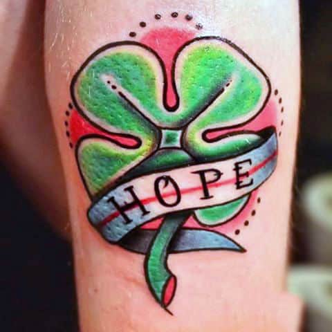 Mens Four Leaf Clover With Ribbon Hope Tattoo On Upper Arm