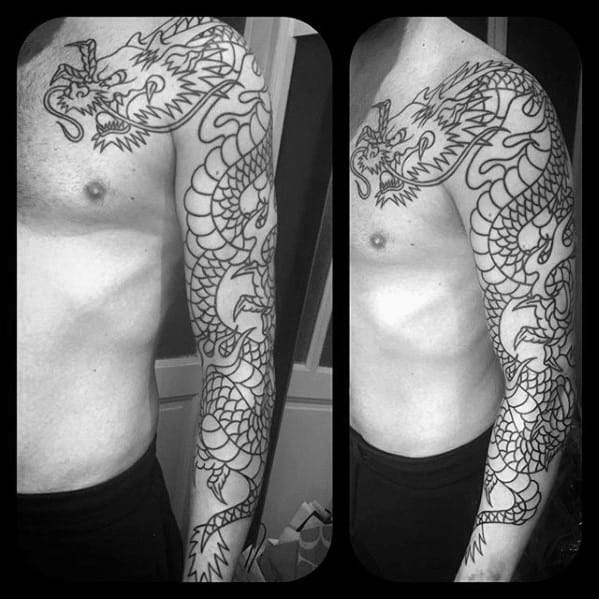 Mens Full Arm Sleeve Black Ink Outline Traditional Dragon Tattoo