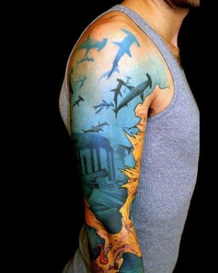 Mens Full Arm Sleeve Tattoo Of Hammerhead Sharks Swimming In Ocean Underwater