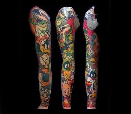 Mens Full Arm Themed Sleeve Looney Tunes Tattoo