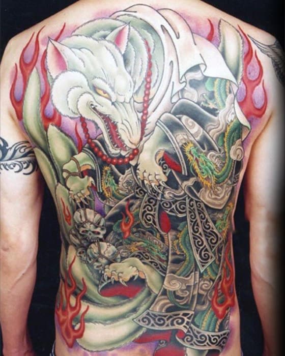 Mens Full Back Amazing Kitsune White Fox Tattoo Designs