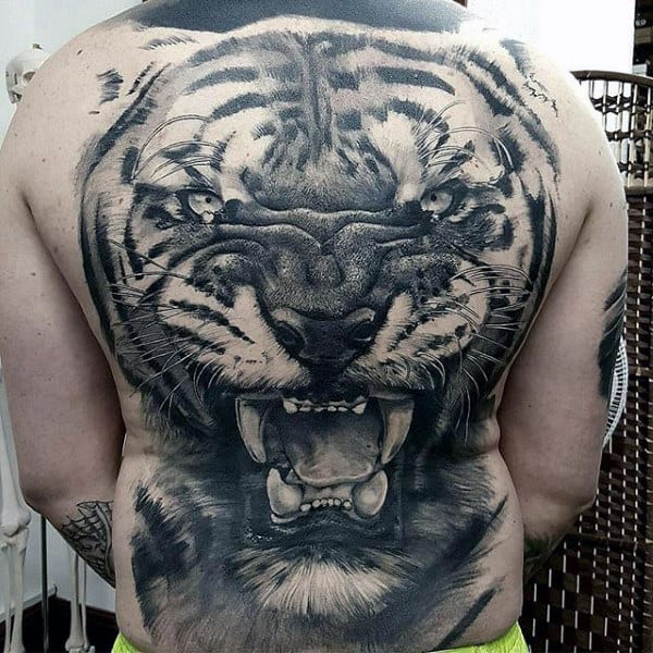 Mens Full Back Black Ink Tiger Tattoo With Realistic Design