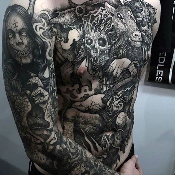 Mens Full Back Exhaustive Grey Art Tattoo