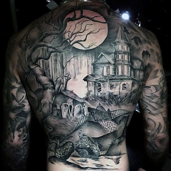 Mens Full Back Greyish Haunted House Tattoo On A Full Moon Night