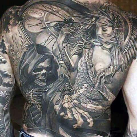 Mens Full Back Hooded Skeleton Timepiece And Lady Tattoo