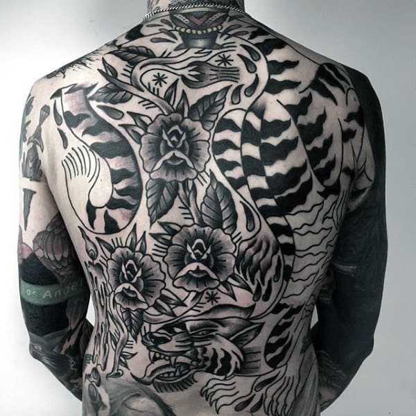Mens Full Back Interesting Grey Flowers Tattoos