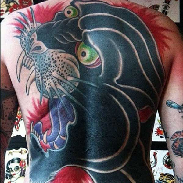 Mens Full Back Panther Tattoo In Black And Red Ink