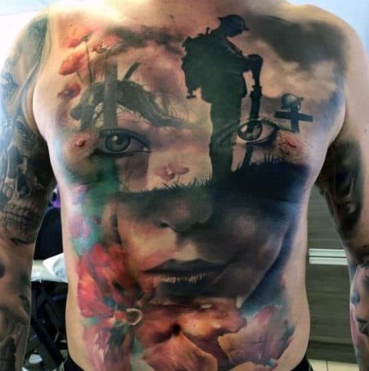 Mens Full Chest 3d Optical Illusion Fallen Soldier Tattoo
