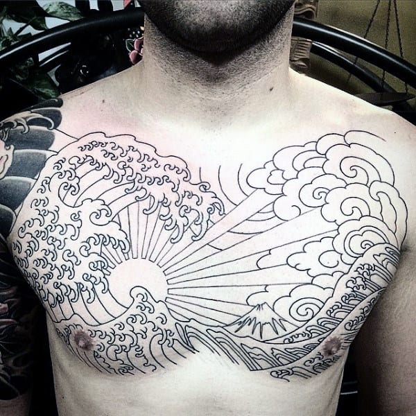 Mens Full Chest Japanese Sun And Ocean Waves Tattoo