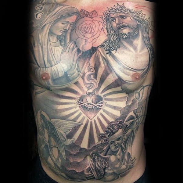 Mens Full Chest Jesus And Mary Tattoo With Heart Design