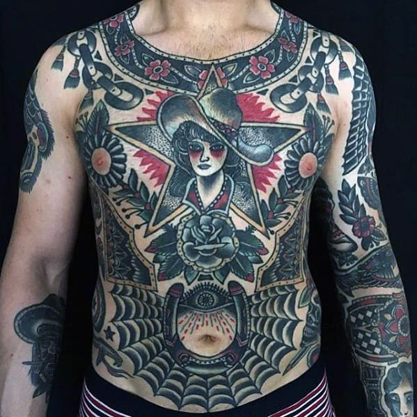 Mens Full Chest Traditional Tattoo With Horseshoe Design