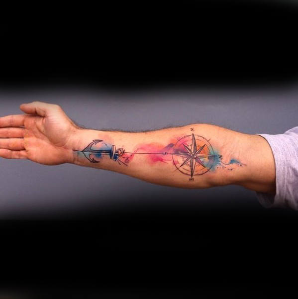Mens Full Forearm Watercolor Compass Tattoo