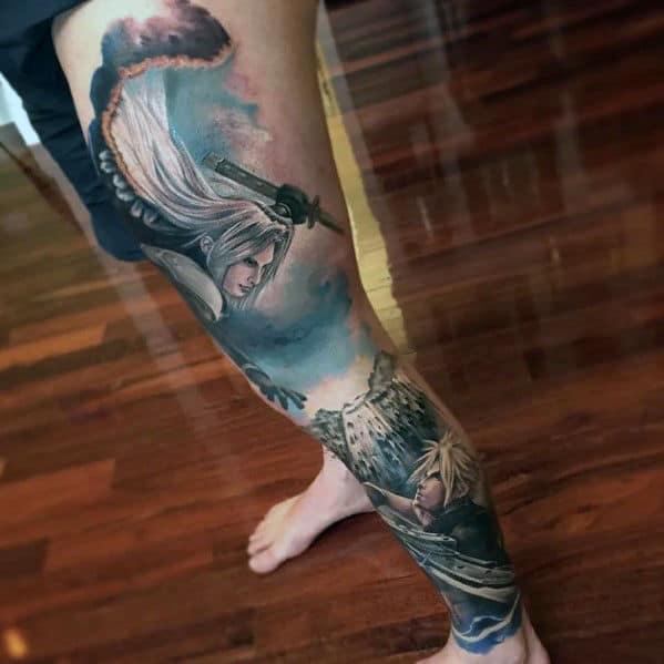 mens full leg sleeve final fantasy themed tattoos
