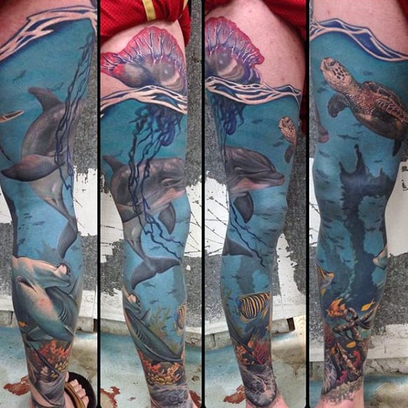 Mens Full Leg Sleeve Ocean Hammerhead Shark Tattoo