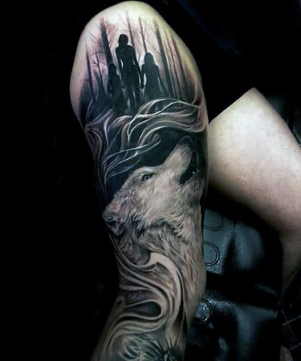 Mens Full Leg Sleeve Wolf Forest Tattoo Ideas