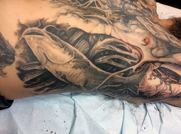 Mens Full Rib Cage Side Catfish Shaded Ink Tattoo
