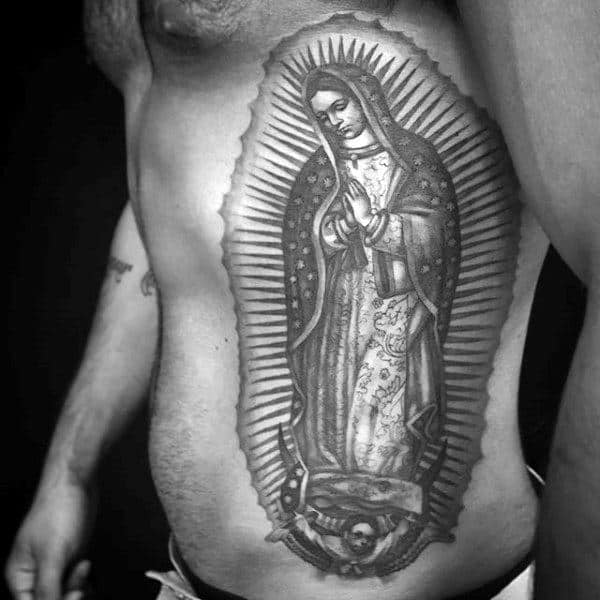 Mens Full Rib Cage Side Of Body Virgin Mary Tattoo With Rays