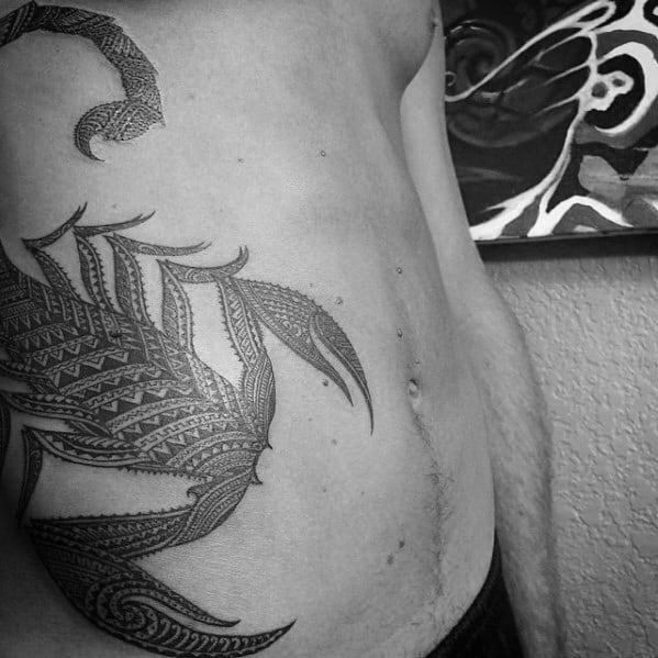 Mens Full Rib Cage Side Polynesian Tribal Scorpion Tattoo Designs