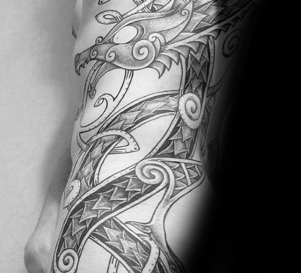 Mens Full Side Of Body Rib Cage Celtic Dragon Dotwork Tattoos