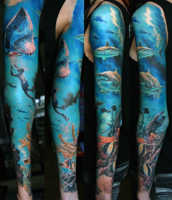 Mens Full Sleeve Blue Underwater Life Realistic Tattoo
