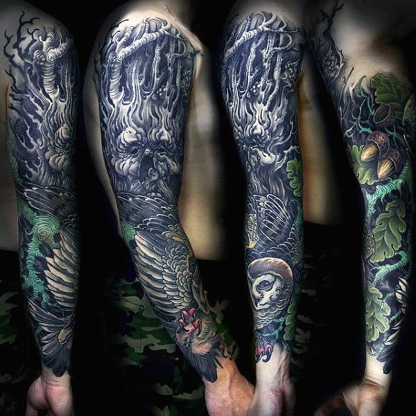 Mens Full Sleeve Gorgeous Oak Tree And Feather Tattoo