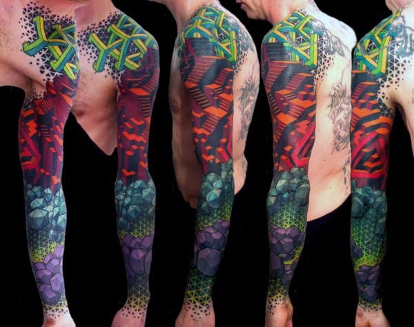 Mens Full Sleeve Optical Illusion Stairs Tattoos