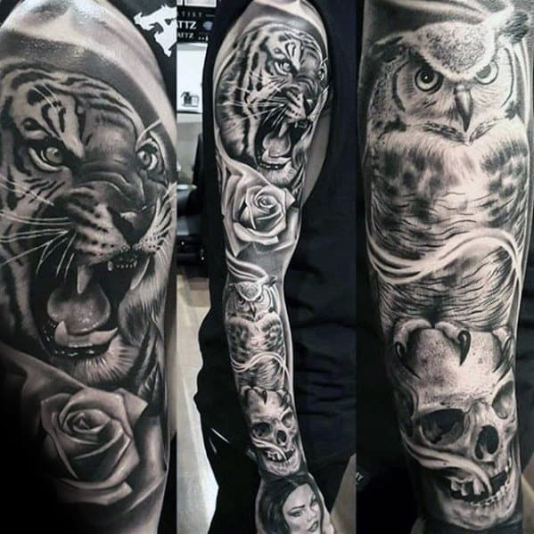 Mens Full Sleeve Realistic Owl Sitting On Skull Tattoo