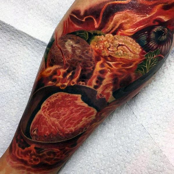 Mens Full Sleeves Burning Hot Steak In Cast Iron Cooking Pan Food Tattoos