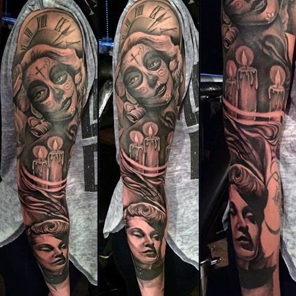 Mens Full Sleeves Candle With Flames And Day Of The Dead Lady Tattoo
