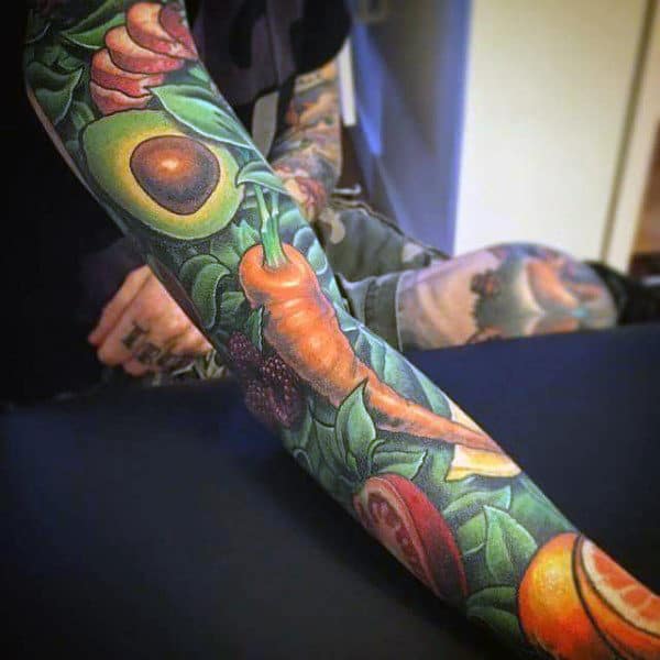 Mens Full Sleeves Colored Veggies Food Tattoo Design Ideas