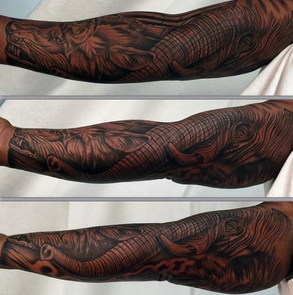 Mens Full Sleeves Elephant With Huge Tusk And Hound Tattoo
