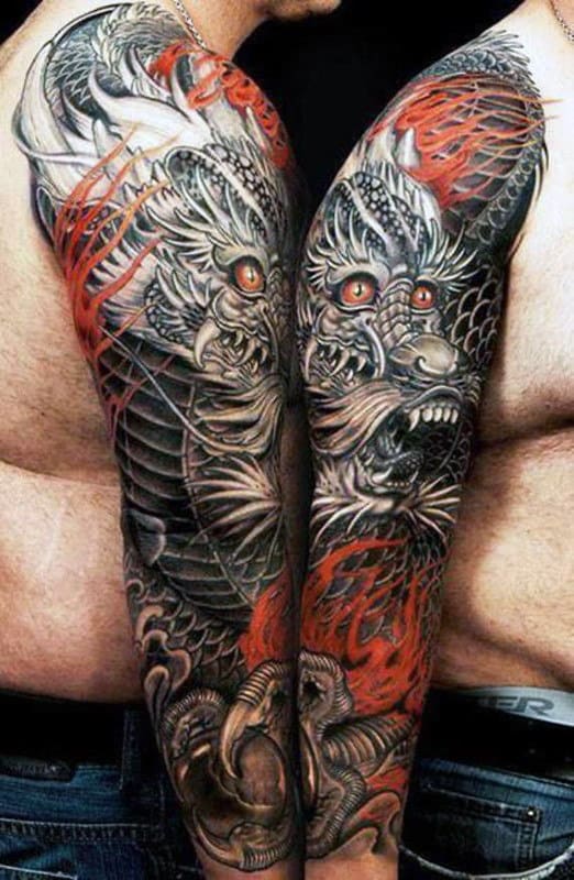 Mens Full Sleeves Grey Red Dragon Tattoo