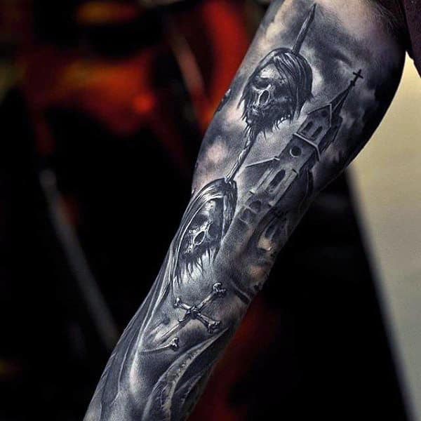 Mens Full Sleeves Interesting Tattoo Of Dead Mens Head And Haunted House Tattoo