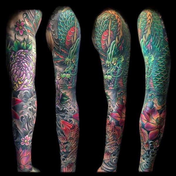 Mens Full Sleeves Mythical Green Shaded Dragon Tattoo