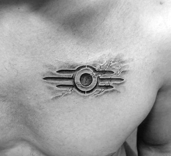 Mens Gaming Stone 3d Tattoo Fallout Symbol Chest Design