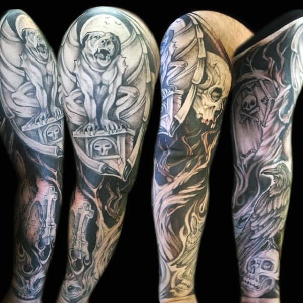 Mens Gargoyle Graveyard Full Sleeve Tattoos