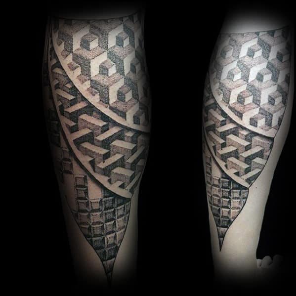 Mens Geometric 3d Back Of Leg Pattern Tattoo Ideas