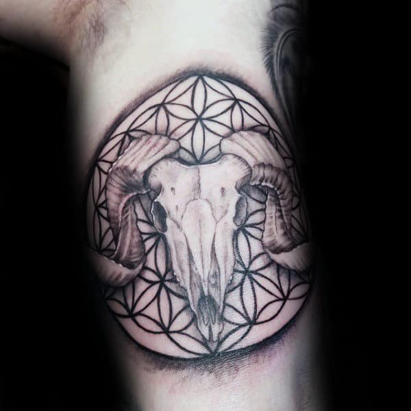 Mens Geometric Flower Of Life Ram Inner Arm Bicep Tattoo