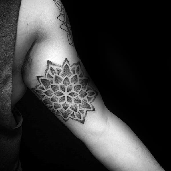 Mens Geometric Inner Arm Dotwork Flower Tattoo Ideas