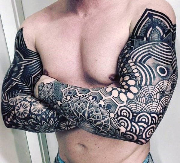 Mens Geometric Sleeve Tattoo Design Inspiration