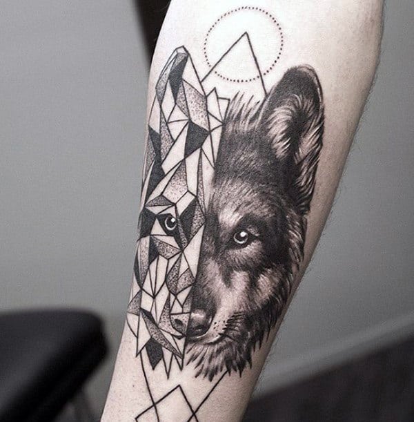 Mens Geometrical Wolf Tattoo On Forearm