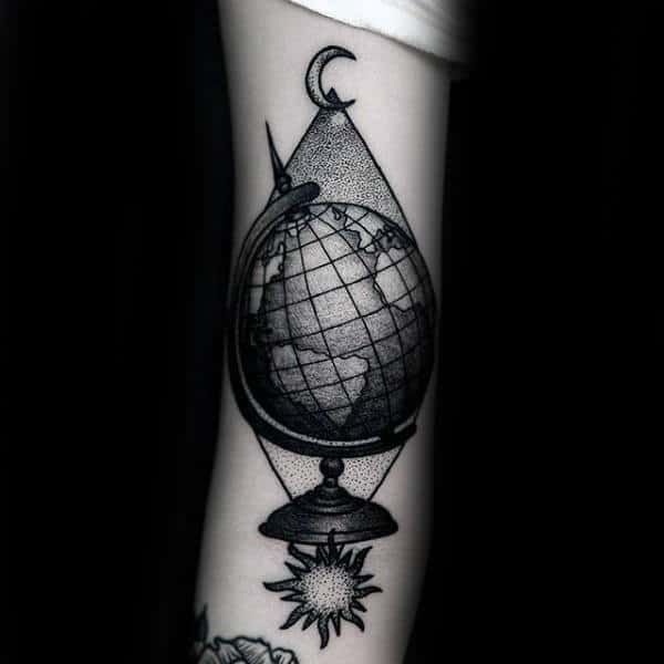 Mens Globe Dotwork Sun And Moon Forearm Tattoos