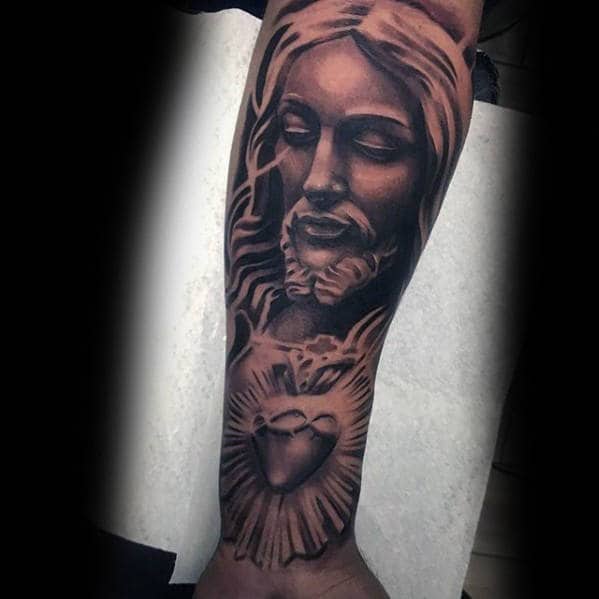Mens Glowing Sacred Heart With Jesus Face Tattoo On Inner Forearm