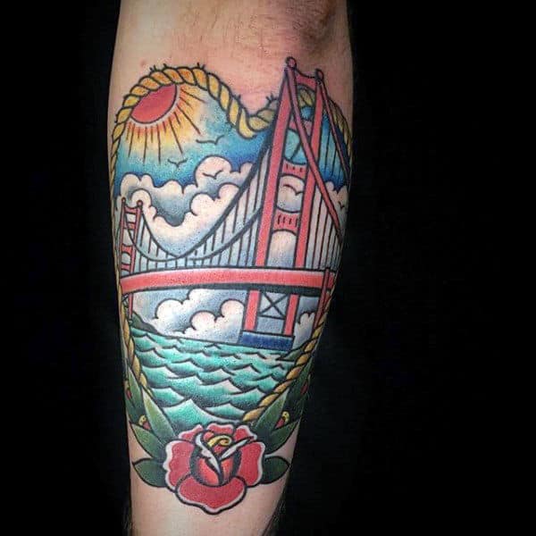 Mens Golden Gate Bridge Traditional Old School Outer Forearm Tattoo