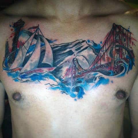 Mens Golden Gate Bridge Watercolor Chest Tattoos