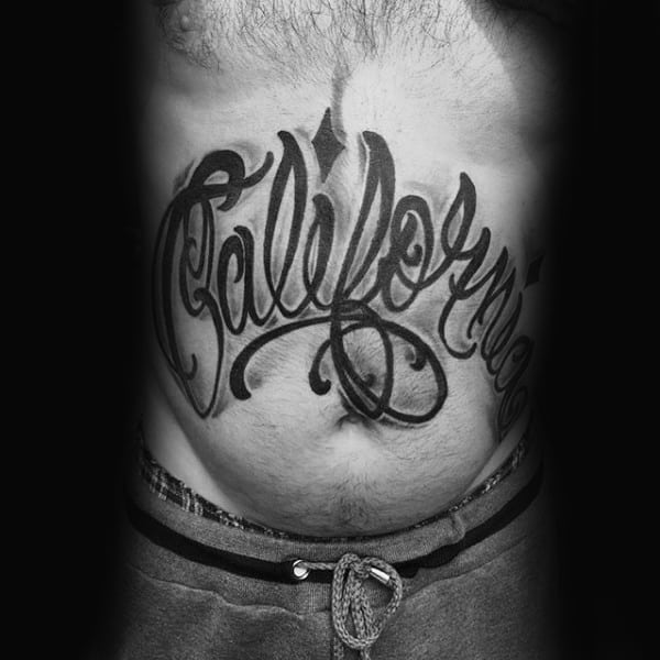 Mens Graffiti California Lettering Stomach Tattoos