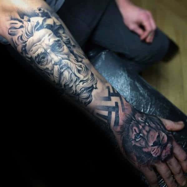 Mens Greek God With Lion Forearm And Hand Tattoo