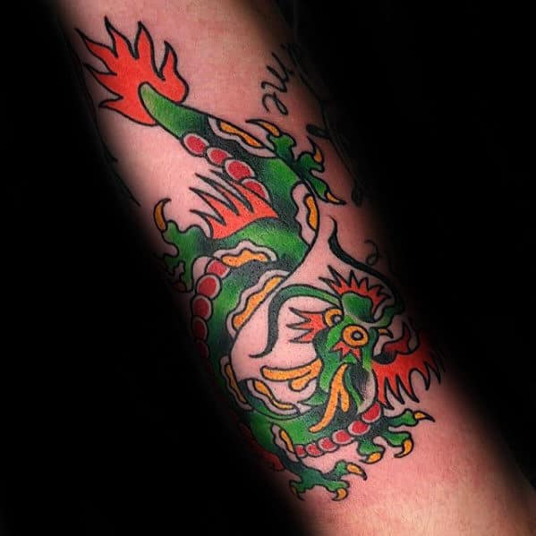 Mens Green And Orange Chinese Traditional Dragon Forearm Tattoo Ideas